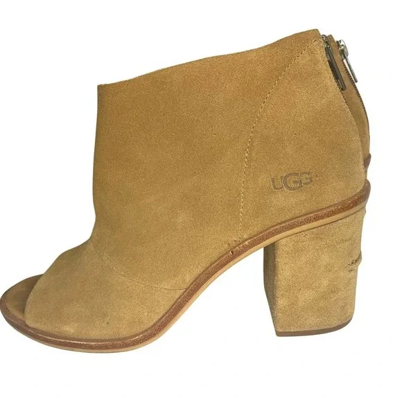 UGG Ginger Booties Open Toe Brown Suede with Suede heel Womens Size 9.5 - Picture 1 of 9